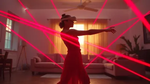 Dancer in a headset leaning gracefully through red laser beams in a bright room