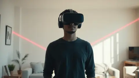 Calm person in a headset in a bright living room with a glass of water nearby and distant laser beams