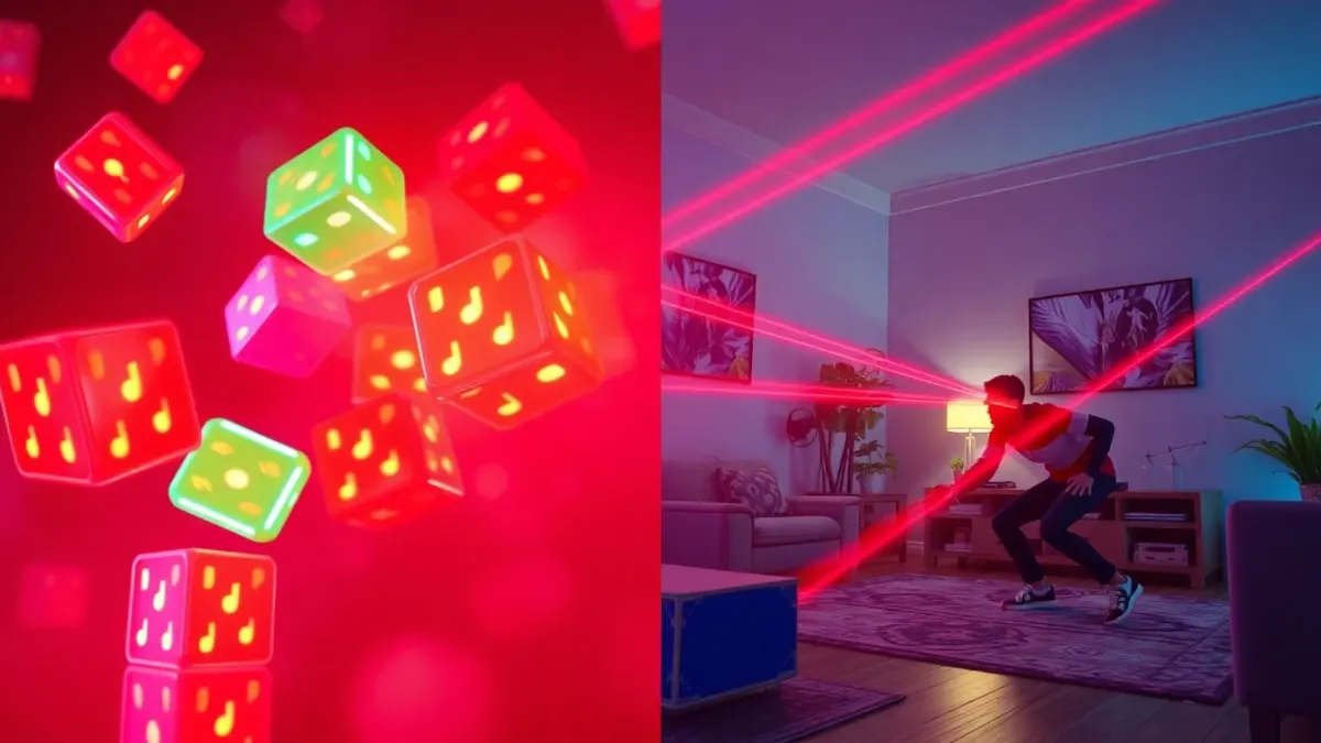 Split scene of glowing musical blocks on one side and a player ducking under red laser beams on the other