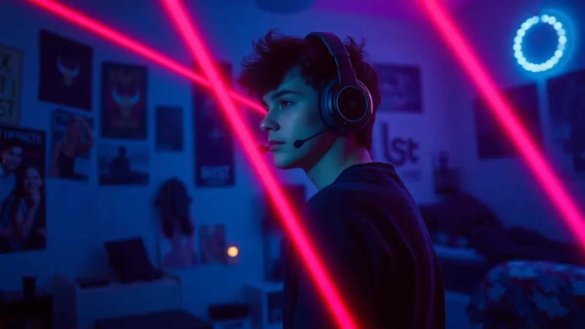 Teen player in a headset weaving between virtual laser beams in a bedroom