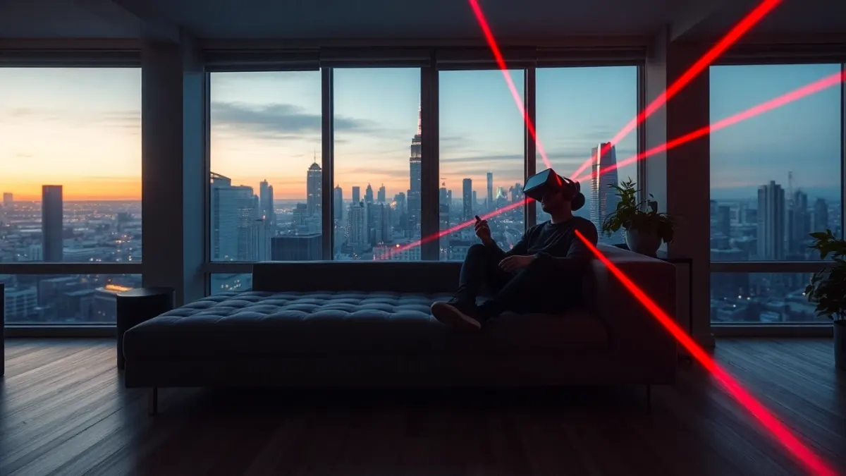 Person in a compact apartment leaning between red laser beams with a city skyline outside the window