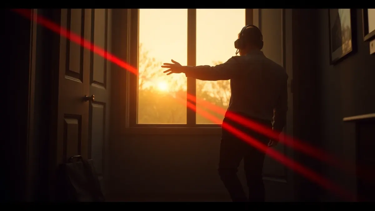 Work bag by the door as a person in a headset stretches between soft red laser beams at golden hour