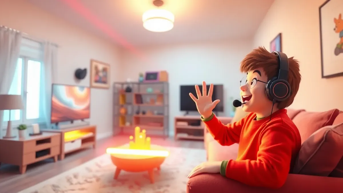 Smiling player in a bright living room reaching for a gold bar between red laser beams