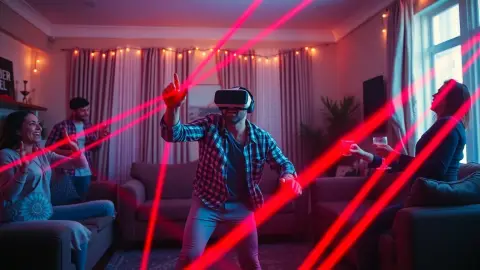Party guests cheering as a friend in a headset dodges virtual lasers