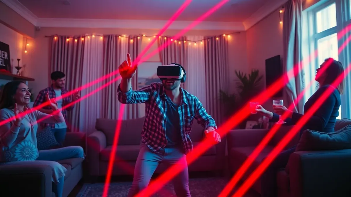 Party guests cheering as a friend in a headset dodges virtual lasers