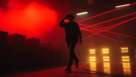 Silhouetted player stepping carefully among glowing crates and red laser beams
