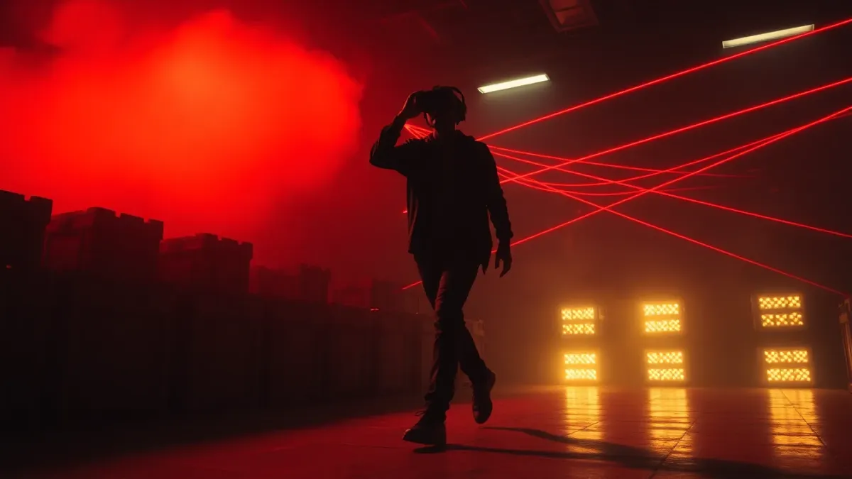 Silhouetted player stepping carefully among glowing crates and red laser beams