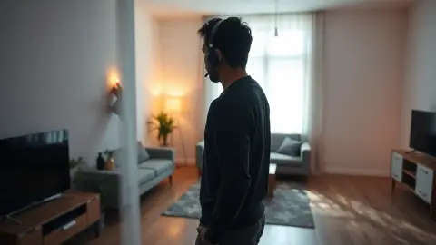 Person wearing a headset pointing at a living room wall with a faint glowing mesh overlay