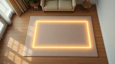 Top-down view of a living room floor with a glowing rectangular play area on the rug