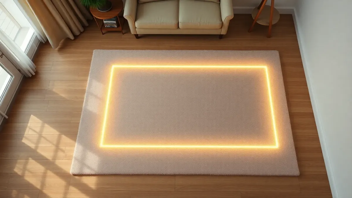 Top-down view of a living room floor with a glowing rectangular play area on the rug