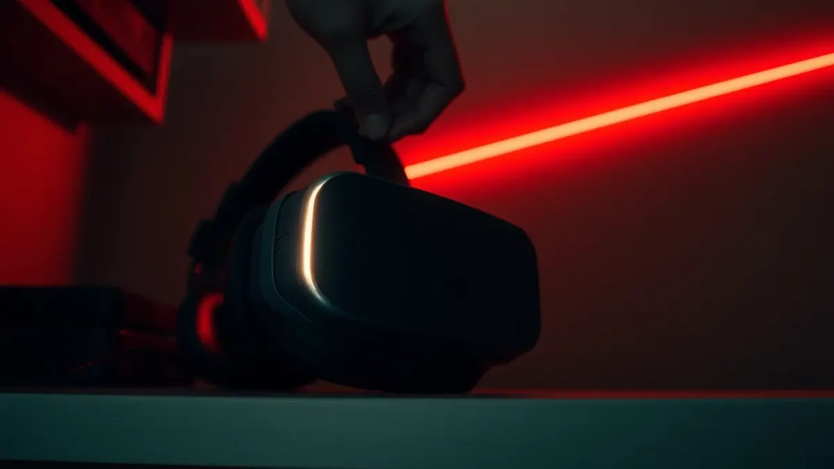 Hand lifting a dusty Quest headset from a shelf as a faint red laser beam glows in the room