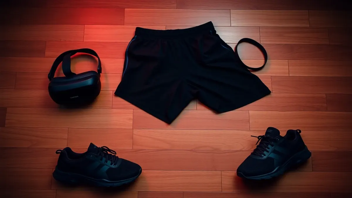 Stretchy clothes, sneakers and a hair tie laid out beside a VR headset