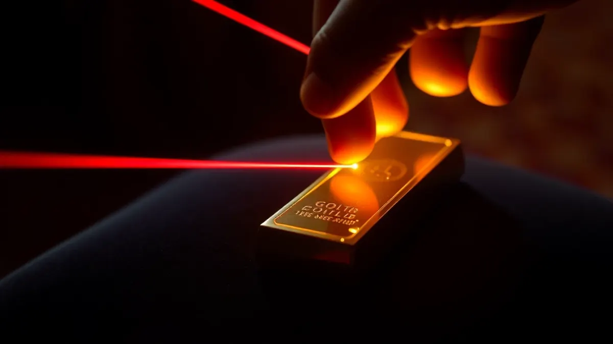 A hand reaching toward a glowing gold bar with thin red laser beams just inches from the fingers