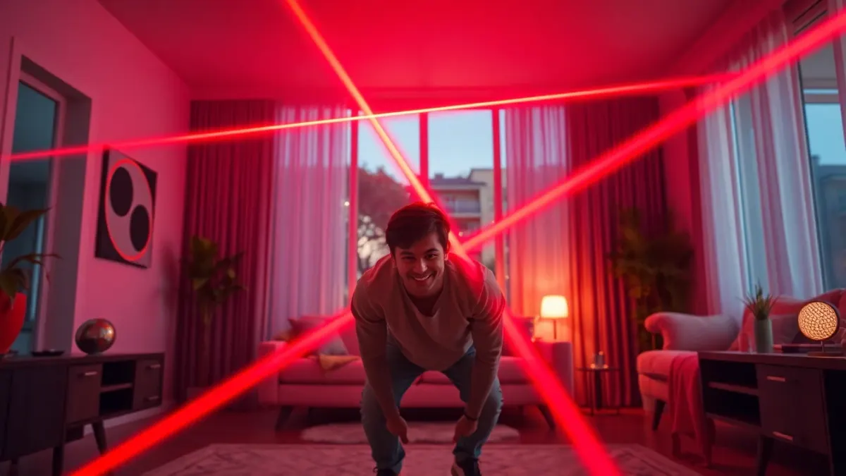 Silhouette of a person carefully stretching between crisscrossing red laser beams in a dark hallway