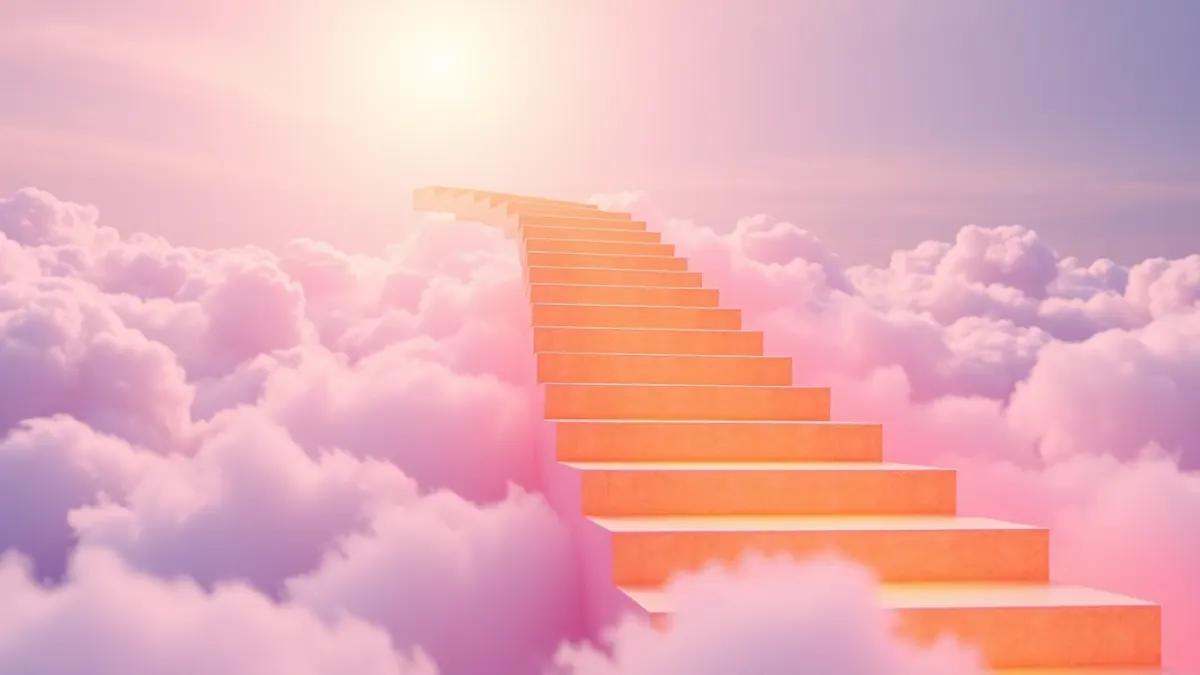 Glowing staircase climbing through clouds, symbolizing language levels