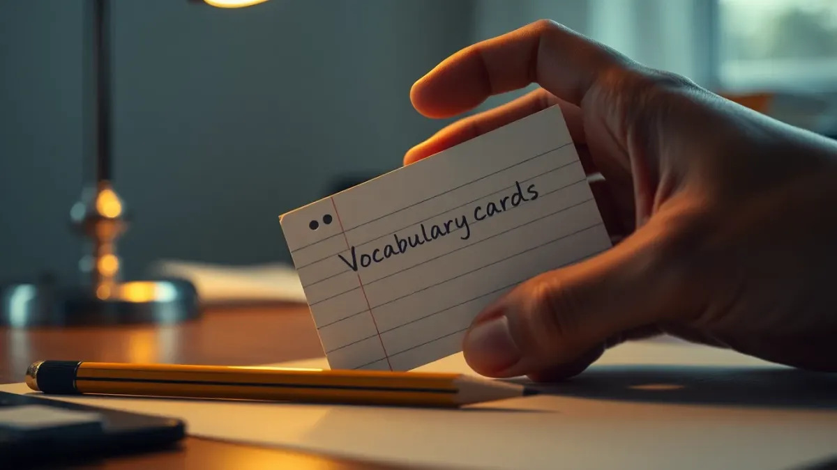 Hand covering half of a vocabulary card while testing recall