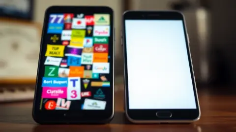 Two phones on a desk, one with a cluttered screen and one clean