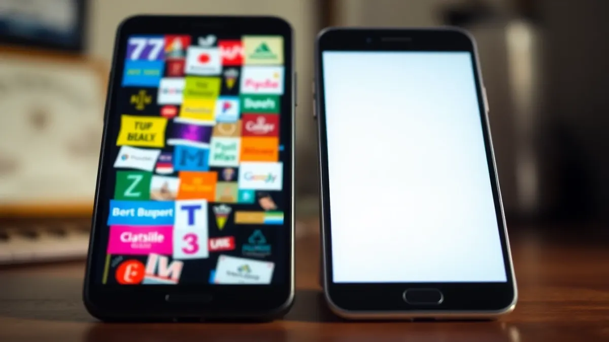 Two phones on a desk, one with a cluttered screen and one clean