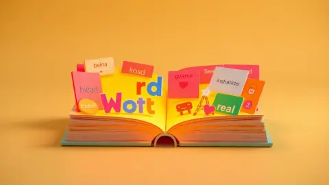 Paper-craft notebook unfolding into colourful word cards