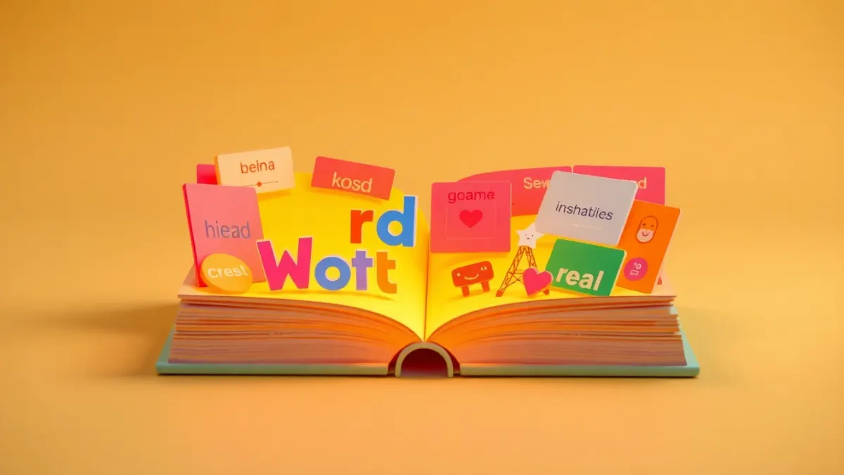 Paper-craft notebook unfolding into colourful word cards