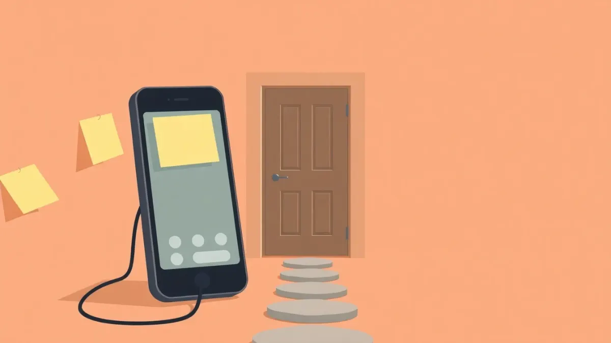 Stepping stones leading to a door beside a phone, symbolising restarting a habit