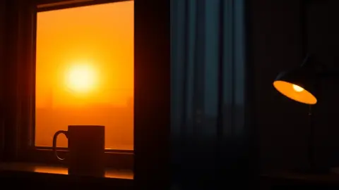 Kitchen at sunrise blended with a cosy evening desk lamp showing different times to study