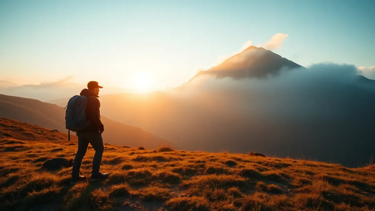 Hiker on a plateau looking up at a higher mountain ridge at sunrise