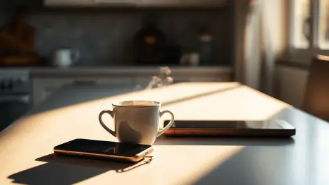 Morning coffee next to a phone on a kitchen table, ready for a short language session