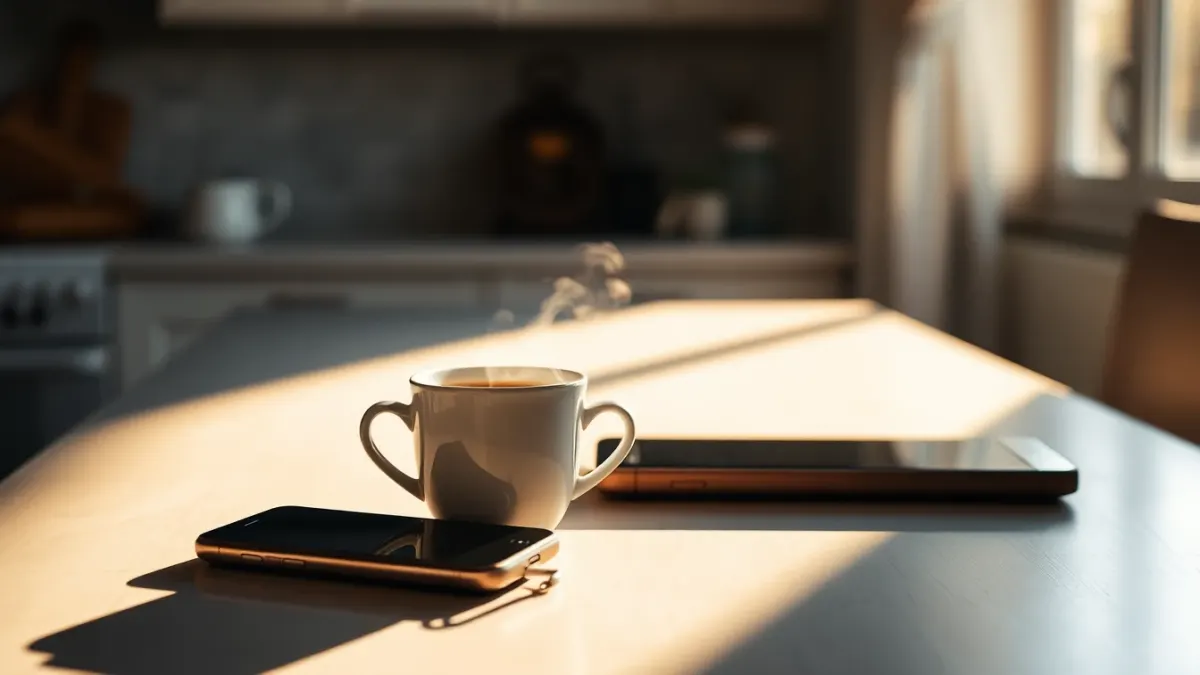 Morning coffee next to a phone on a kitchen table, ready for a short language session