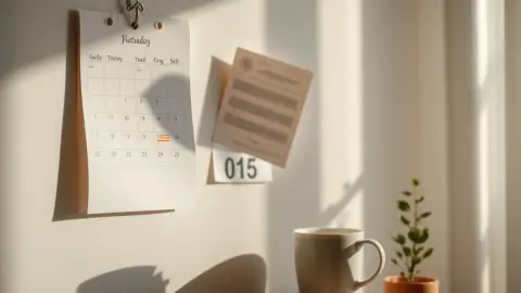 Fanned wall calendar pages next to coffee mug and plant