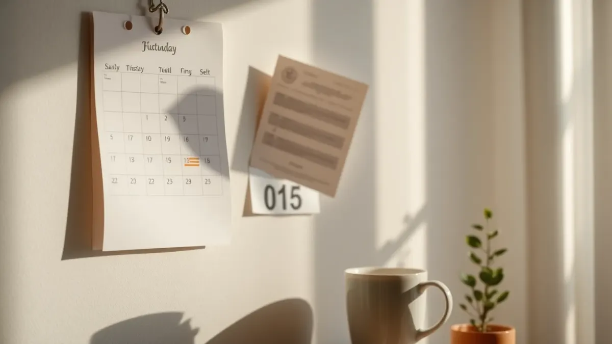 Fanned wall calendar pages next to coffee mug and plant
