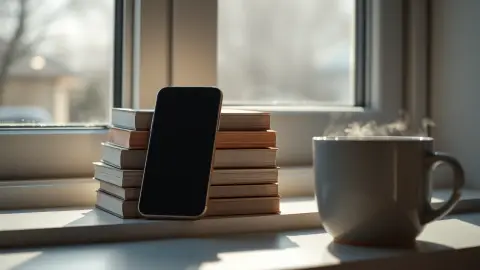 Phone resting on books on a sunny windowsill as a symbol of app-based language study