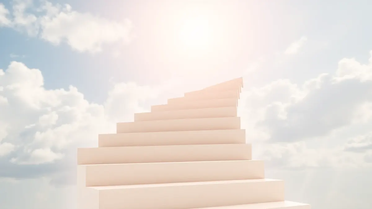 Six wooden steps climbing upward toward a bright sky