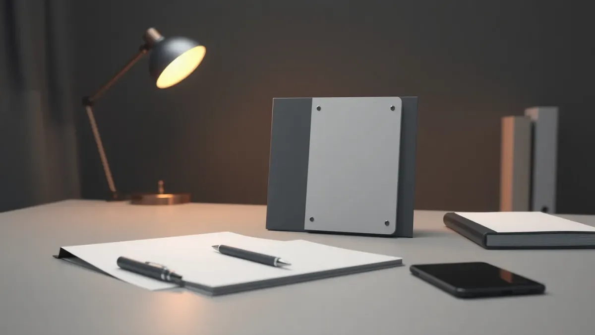 Desk with folder, blank booklet, pen and smartphone under a lamp