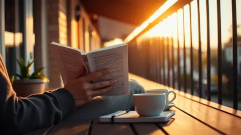 Person reading a book on a sunny balcony with a notebook and coffee