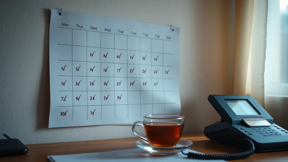 Calendar with a row of checkmarks next to a cup of tea and a phone