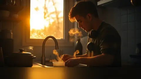 Person washing dishes in a cozy kitchen at golden hour with headphones around neck
