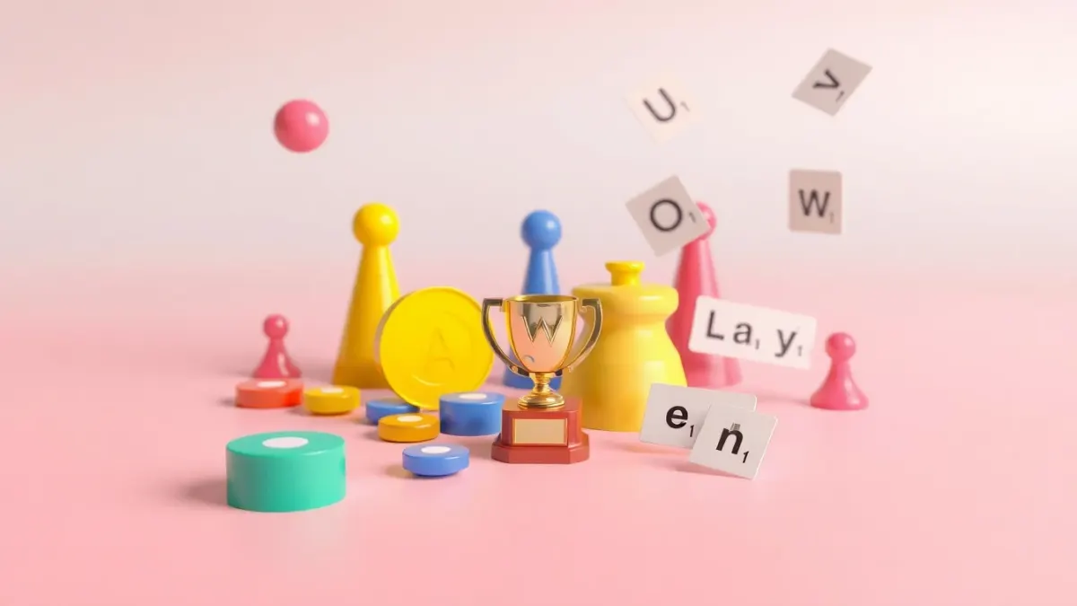 Colourful game pieces and word cards arranged around a small trophy