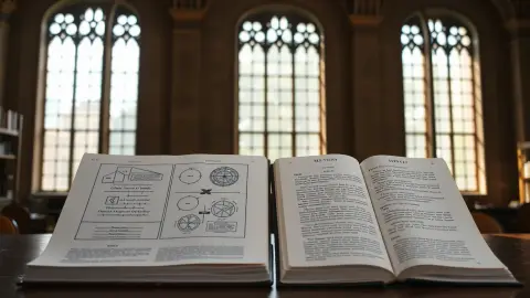 Two open books side by side on a library table, one with diagrams and one with a story