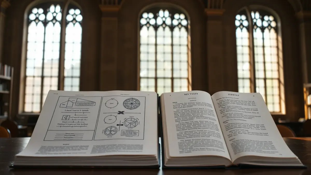Two open books side by side on a library table, one with diagrams and one with a story