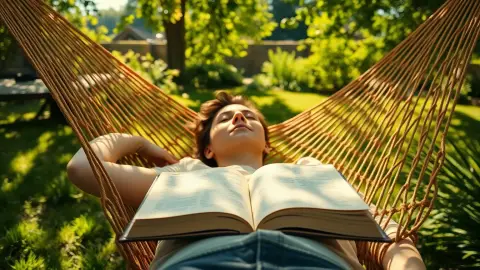 Person relaxing in a garden hammock with an open book on their chest
