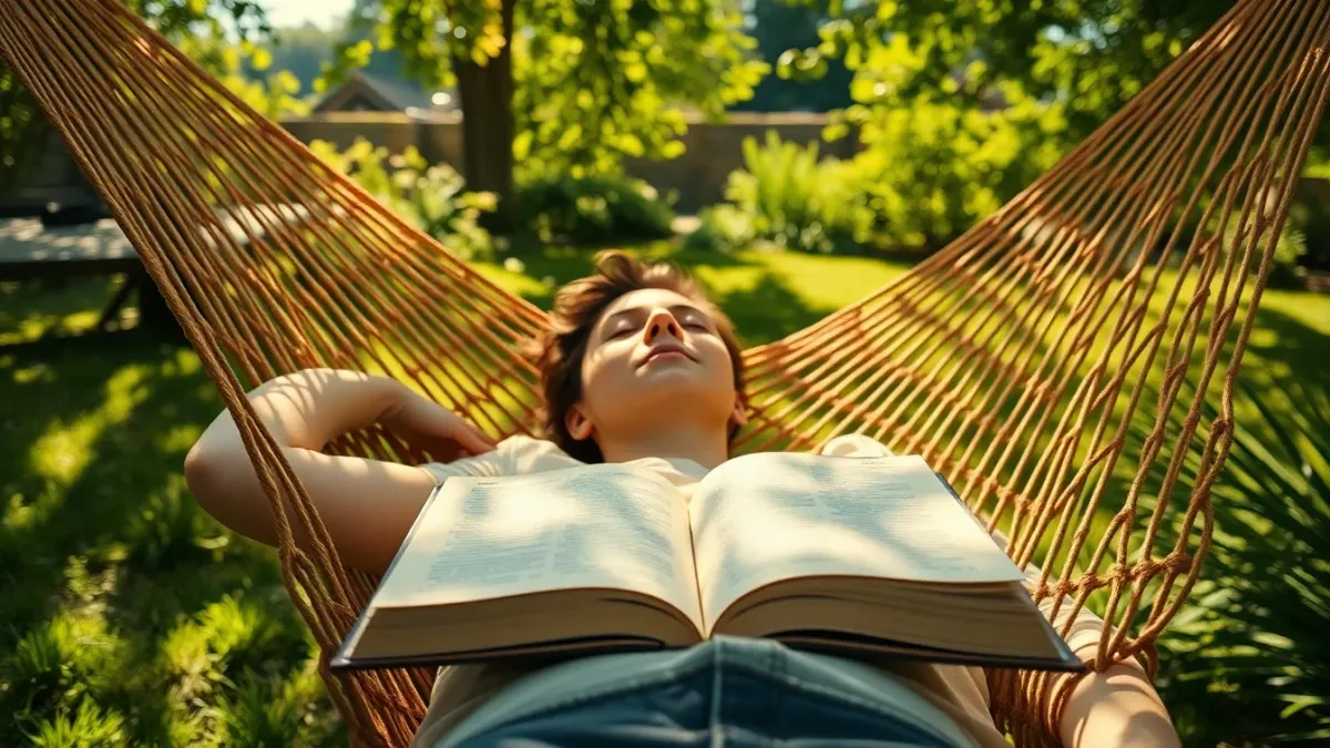 Person relaxing in a garden hammock with an open book on their chest