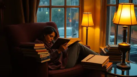 Reader in an armchair by a rainy window with a pile of paperbacks