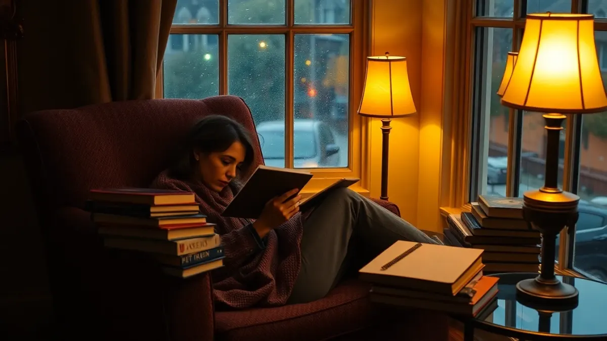 Reader in an armchair by a rainy window with a pile of paperbacks