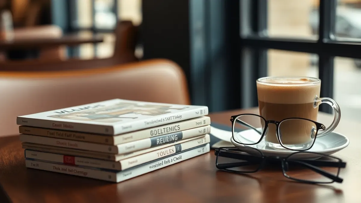 Stack of slim books on a café table beside a coffee