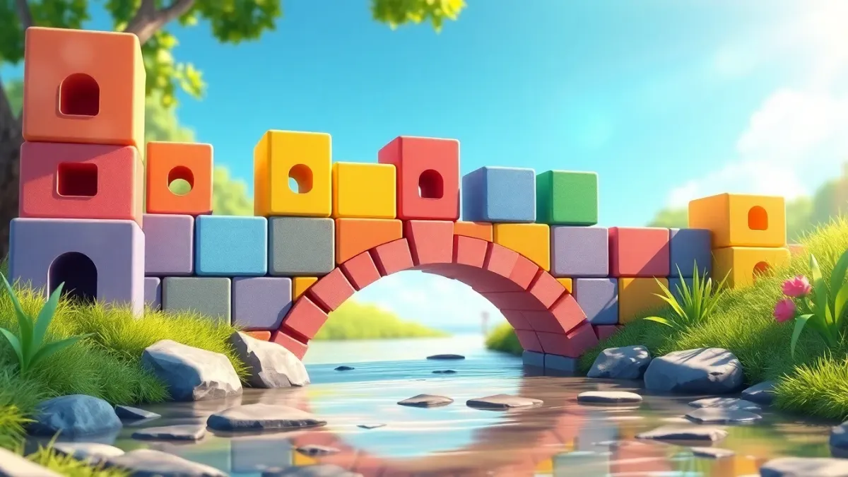 Colourful building blocks forming a small bridge over a stream