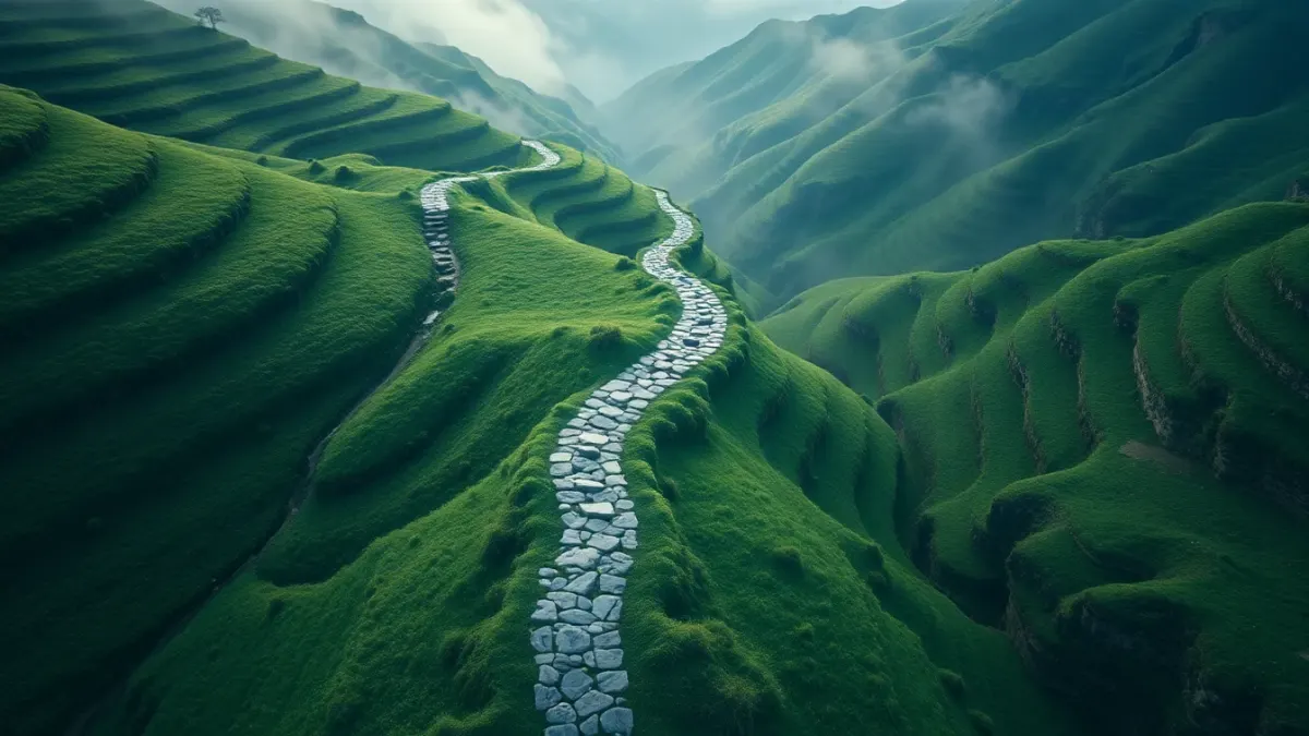 Winding stone path over terraced green hills in morning mist