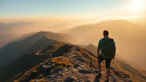 Hiker on a ridge looking toward distant peaks at golden hour