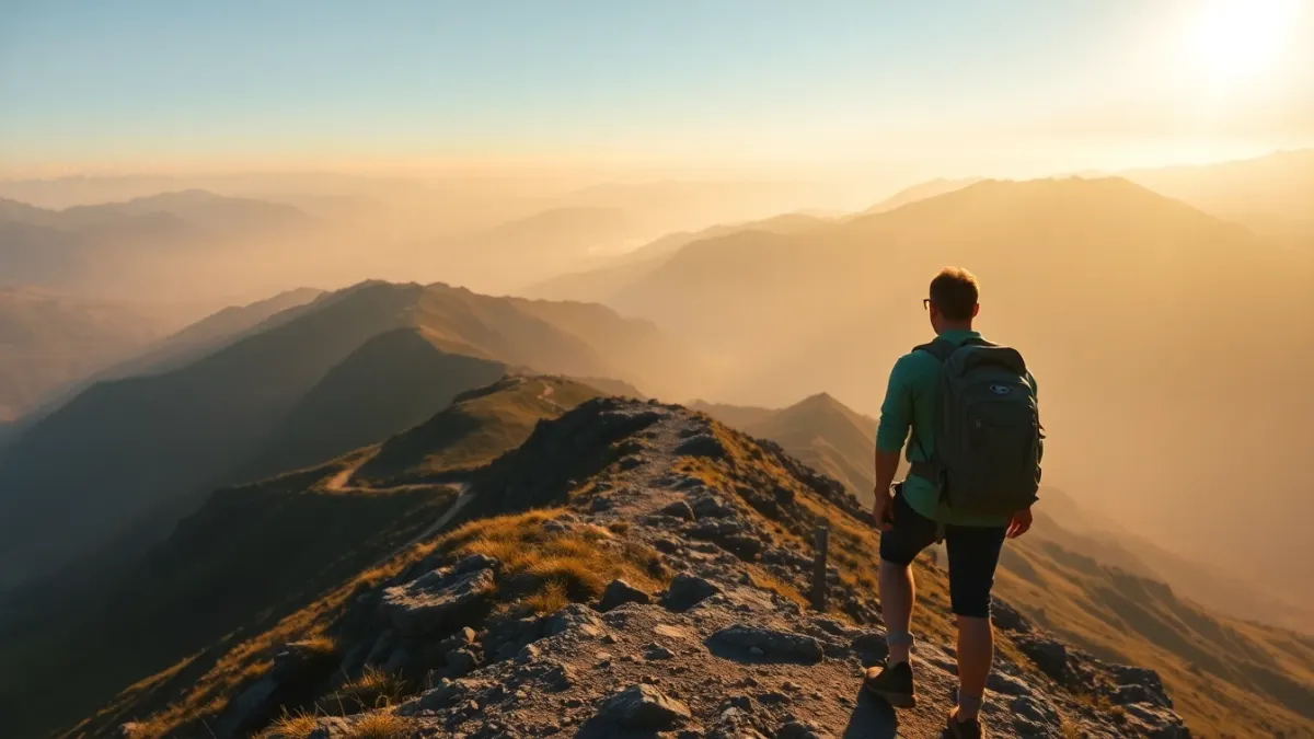 Hiker on a ridge looking toward distant peaks at golden hour