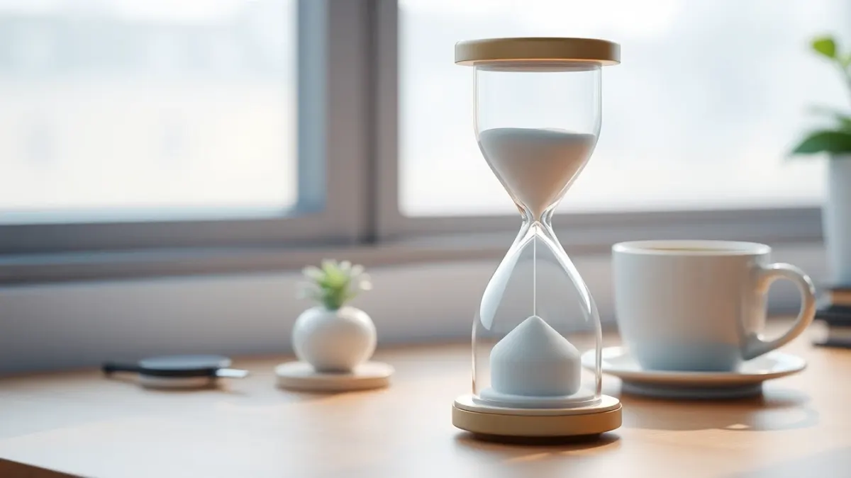 Small hourglass on a desk with coffee and a plant representing daily study minutes